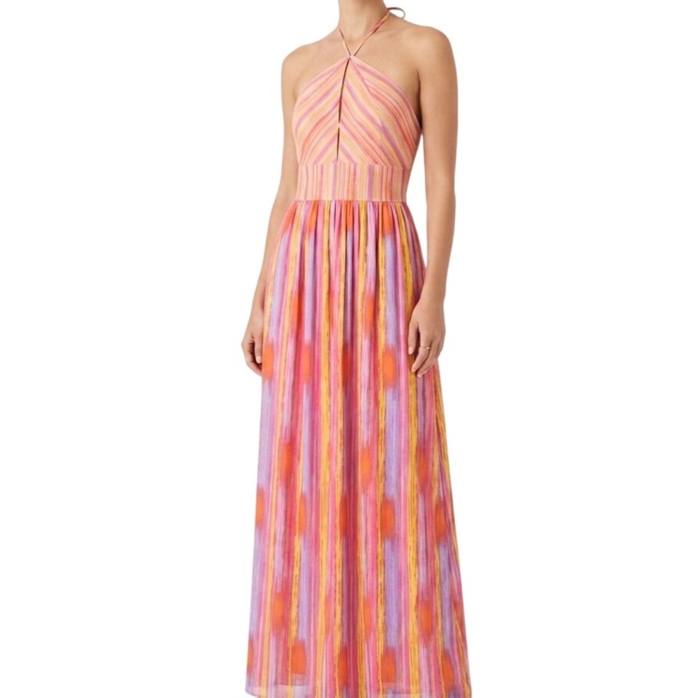 Audrey Parks Maxi Dress Women's Medium Multi Color Striped Halter Chiffon Summer